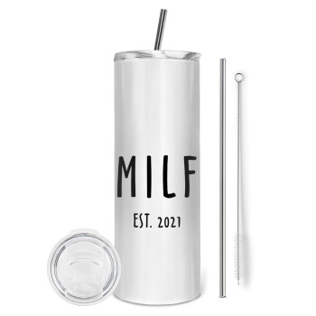 MILF, Tumbler ποτήρι θερμό από ανοξείδωτο ατσάλι 600ml, με μεταλλικό καλαμάκι & βούρτσα καθαρισμού