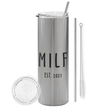 MILF, Eco friendly ποτήρι θερμό Ασημένιο (tumbler) από ανοξείδωτο ατσάλι 600ml, με μεταλλικό καλαμάκι & βούρτσα καθαρισμού
