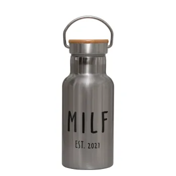 MILF, Stainless steel metallic thermos flask, silver with a bamboo lid, double-walled, 350ml.