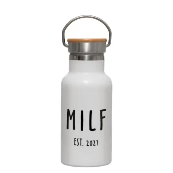 MILF, Μεταλλικό παγούρι θερμός (Stainless steel) Λευκό με ξύλινο καπακι (bamboo), διπλού τοιχώματος, 350ml