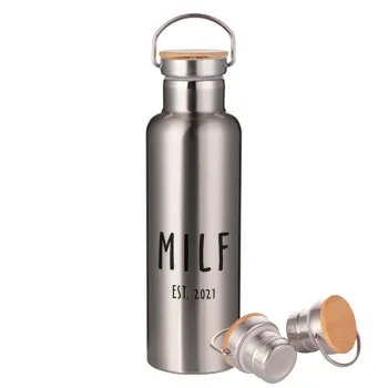 MILF, Μεταλλικό παγούρι θερμός (Stainless steel) Ασημένιο με ξύλινο καπακι (bamboo), διπλού τοιχώματος, 750ml