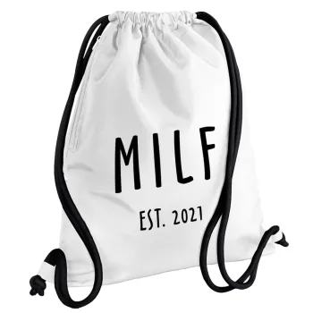 MILF, Backpack pouch GYMBAG white, with pocket (40x48cm) & thick cords
