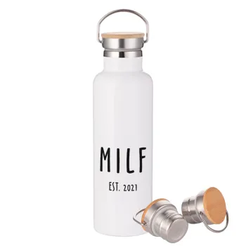 MILF, Μεταλλικό παγούρι θερμός (Stainless steel) Λευκό με ξύλινο καπάκι (bamboo), διπλού τοιχώματος, 750ml