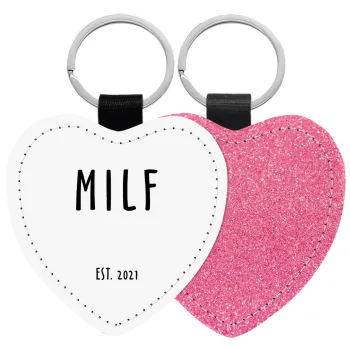 MILF, Μπρελόκ PU δερμάτινο glitter καρδιά ΡΟΖ