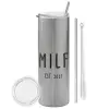 Tumbler stainless steel Silver 600ml, with metal straw & cleaning brush