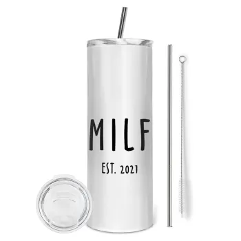 MILF, Tumbler ποτήρι θερμό από ανοξείδωτο ατσάλι 600ml, με μεταλλικό καλαμάκι & βούρτσα καθαρισμού