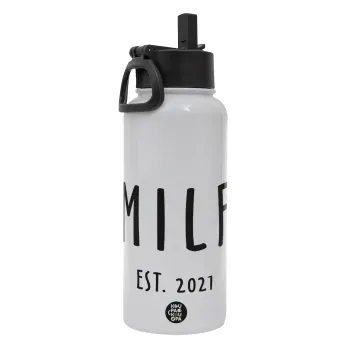 MILF, Metal mug thermo White with Straw and Spout Lid (Stainless steel), double wall, 950ml