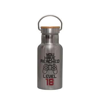 You have Reached level AGE, Stainless steel metallic thermos flask, silver with a bamboo lid, double-walled, 350ml.