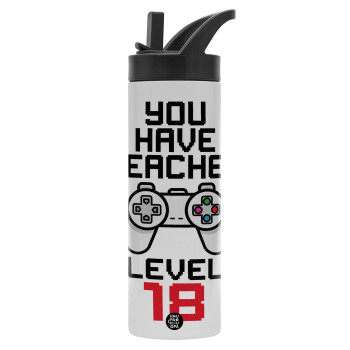You have Reached level AGE, Metallic thermos bottle with straw & handle, stainless steel (Stainless steel 304), double-walled, 600ml.