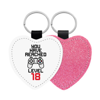 You have Reached level AGE, Μπρελόκ PU δερμάτινο glitter καρδιά ΡΟΖ