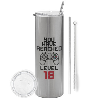 You have Reached level AGE, Eco friendly stainless steel Silver tumbler 600ml, with metal straw & cleaning brush