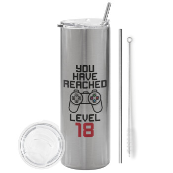 You have Reached level AGE, Tumbler stainless steel Silver 600ml, with metal straw & cleaning brush