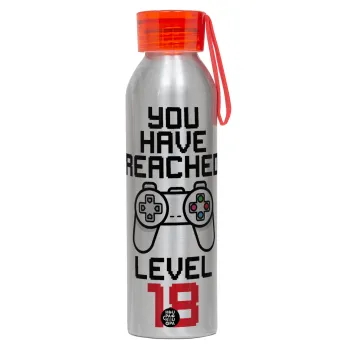 You have Reached level AGE, Αλουμινένιο Αθλητικό Μπουκάλι 650ml – Ασημί με Κόκκινο Καπάκι και Λουράκι Σιλικόνης