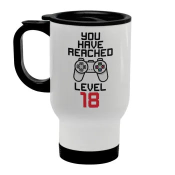You have Reached level AGE, Stainless steel travel mug with lid, double wall white 450ml