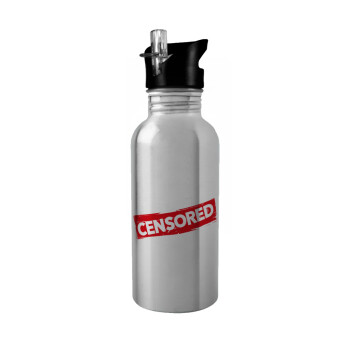 Censored, Water bottle Silver with straw, stainless steel 600ml