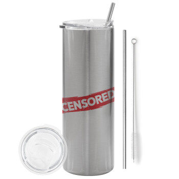 Censored, Eco friendly stainless steel Silver tumbler 600ml, with metal straw & cleaning brush
