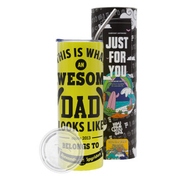 This is what an Awesome DAD looks like, Neon Yellow Travel Tumbler θερμό, μεταλλικό καλαμάκι(Ανωξείδωτο 304 Food grade, BPA free, 600ml)