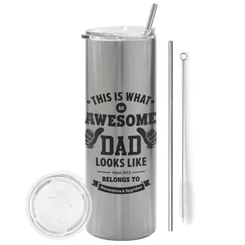 This is what an Awesome DAD looks like, Tumbler ποτήρι θερμό Ασημένιο από ανοξείδωτο ατσάλι 600ml, με μεταλλικό καλαμάκι & βούρτσα καθαρισμού