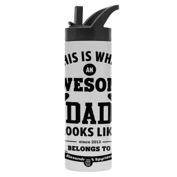 This is what an Awesome DAD looks like, Μεταλλικό παγούρι θερμός με καλαμάκι & χειρολαβή, ανοξείδωτο ατσάλι (Stainless steel 304), διπλού τοιχώματος, 600ml