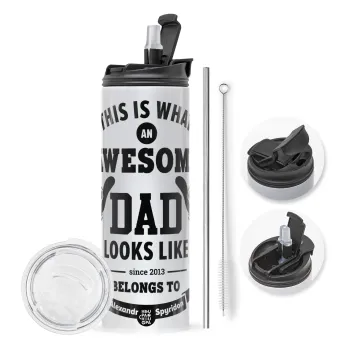 This is what an Awesome DAD looks like, Travel Tumbler θερμό με διπλό καπάκι, μεταλλικό καλαμάκι και βούρτσα καθαρισμού (Ανωξείδωτο 304 Food grade, BPA free, 600ml)