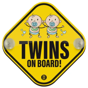 Twins on board, boys, Σήμανση αυτοκινήτου Baby On Board ξύλινο με βεντουζάκια (16x16cm)