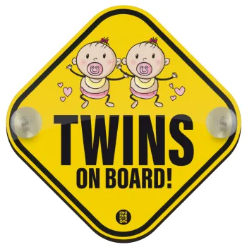 Twins on board, girls, Σήμανση αυτοκινήτου Baby On Board ξύλινο με βεντουζάκια (16x16cm)