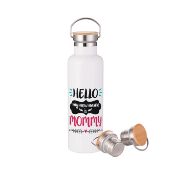 Hello, my new name is Mommy, Stainless steel White with wooden lid (bamboo), double wall, 750ml