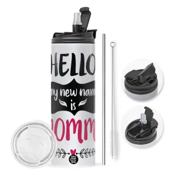 Hello, my new name is Mommy, Travel Tumbler θερμό με διπλό καπάκι, μεταλλικό καλαμάκι και βούρτσα καθαρισμού (Ανωξείδωτο 304 Food grade, BPA free, 600ml)