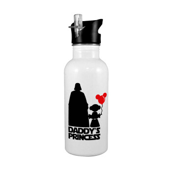 Daddy's princess, White water bottle with straw, stainless steel 600ml