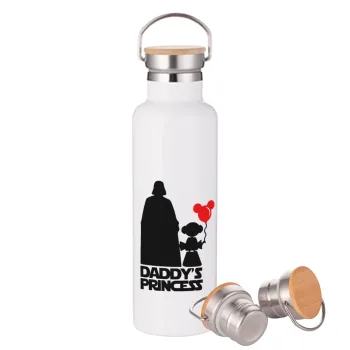 Daddy's princess, Μεταλλικό παγούρι θερμός (Stainless steel) Λευκό με ξύλινο καπάκι (bamboo), διπλού τοιχώματος, 750ml