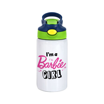 I'm Barbie girl, Children's hot water bottle, stainless steel, with safety straw, green, blue (350ml)