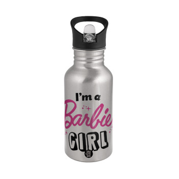 I'm Barbie girl, Παγούρι νερού Ασημένιο με καλαμάκι, ανοξείδωτο ατσάλι 500ml