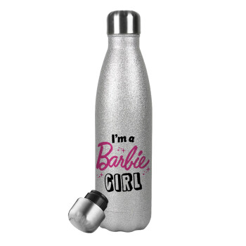 I'm Barbie girl, Μεταλλικό παγούρι θερμός Glitter Aσημένιο (Stainless steel), διπλού τοιχώματος, 500ml