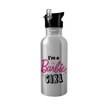 I'm Barbie girl, Water bottle Silver with straw, stainless steel 600ml