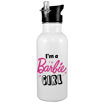I'm Barbie girl, White water bottle with straw, stainless steel 600ml