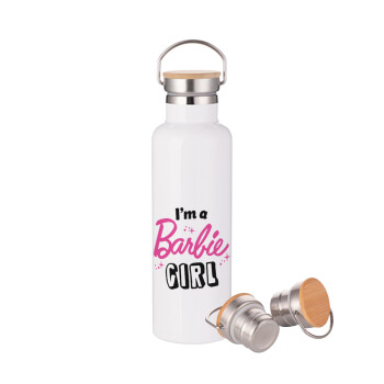 I'm Barbie girl, Μεταλλικό παγούρι θερμός (Stainless steel) Λευκό με ξύλινο καπάκι (bamboo), διπλού τοιχώματος, 750ml