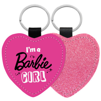 I'm Barbie girl, Μπρελόκ PU δερμάτινο glitter καρδιά ΡΟΖ