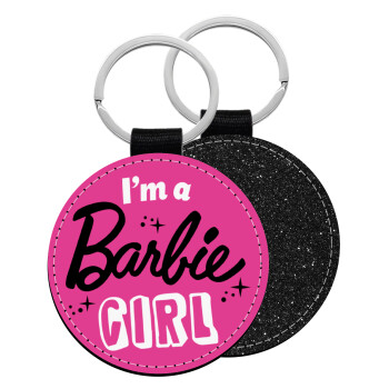 I'm Barbie girl, Μπρελόκ Δερματίνη, στρογγυλό ΜΑΥΡΟ (5cm)