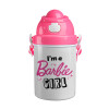 I'm Barbie girl, Ροζ παιδικό παγούρι πλαστικό (BPA-FREE) με καπάκι ασφαλείας, κορδόνι και καλαμάκι, 400ml
