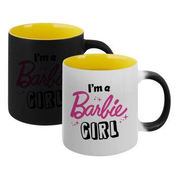 I'm Barbie girl, Κούπα Μαγική εσωτερικό κίτρινη, κεραμική 330ml που αλλάζει χρώμα με το ζεστό ρόφημα (1 τεμάχιο)