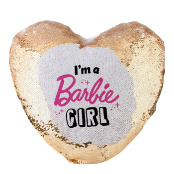 I'm Barbie girl, Μαξιλάρι καναπέ καρδιά Μαγικό Χρυσό με πούλιες 40x40cm περιέχεται το  γέμισμα