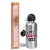 Easter Set, metallic Silver aluminum water bottle (500ml) & scented flat Easter candle (30cm) (PINK)