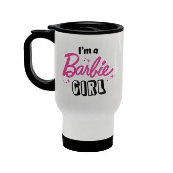 I'm Barbie girl, Κούπα ταξιδιού ανοξείδωτη με καπάκι, διπλού τοιχώματος (θερμό) λευκή 450ml