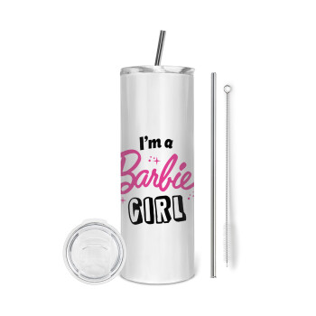 I'm Barbie girl, Tumbler ποτήρι θερμό από ανοξείδωτο ατσάλι 600ml, με μεταλλικό καλαμάκι & βούρτσα καθαρισμού