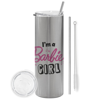 I'm Barbie girl, Eco friendly stainless steel Silver tumbler 600ml, with metal straw & cleaning brush