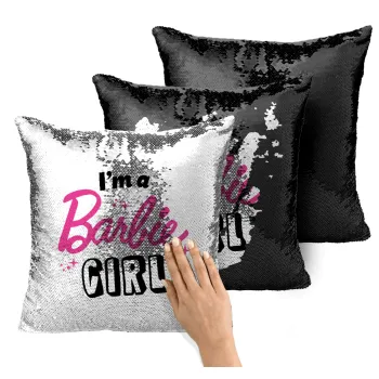 I'm Barbie girl, Μαξιλάρι καναπέ Μαγικό Μαύρο με πούλιες 40x40cm περιέχεται το γέμισμα