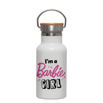 I'm Barbie girl, Μεταλλικό παγούρι θερμός (Stainless steel) Λευκό με ξύλινο καπακι (bamboo), διπλού τοιχώματος, 350ml