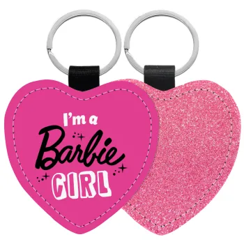 I'm Barbie girl, Μπρελόκ PU δερμάτινο glitter καρδιά ΡΟΖ