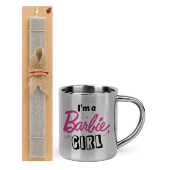 I'm Barbie girl, Easter Set, metallic thermal cup (300ml) & Easter aromatic flat candle (30cm) (GRAY)