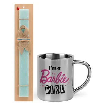 I'm Barbie girl, Easter Set, metallic thermal cup (300ml) & aromatic flat Easter candle (30cm) (TURQUOISE)